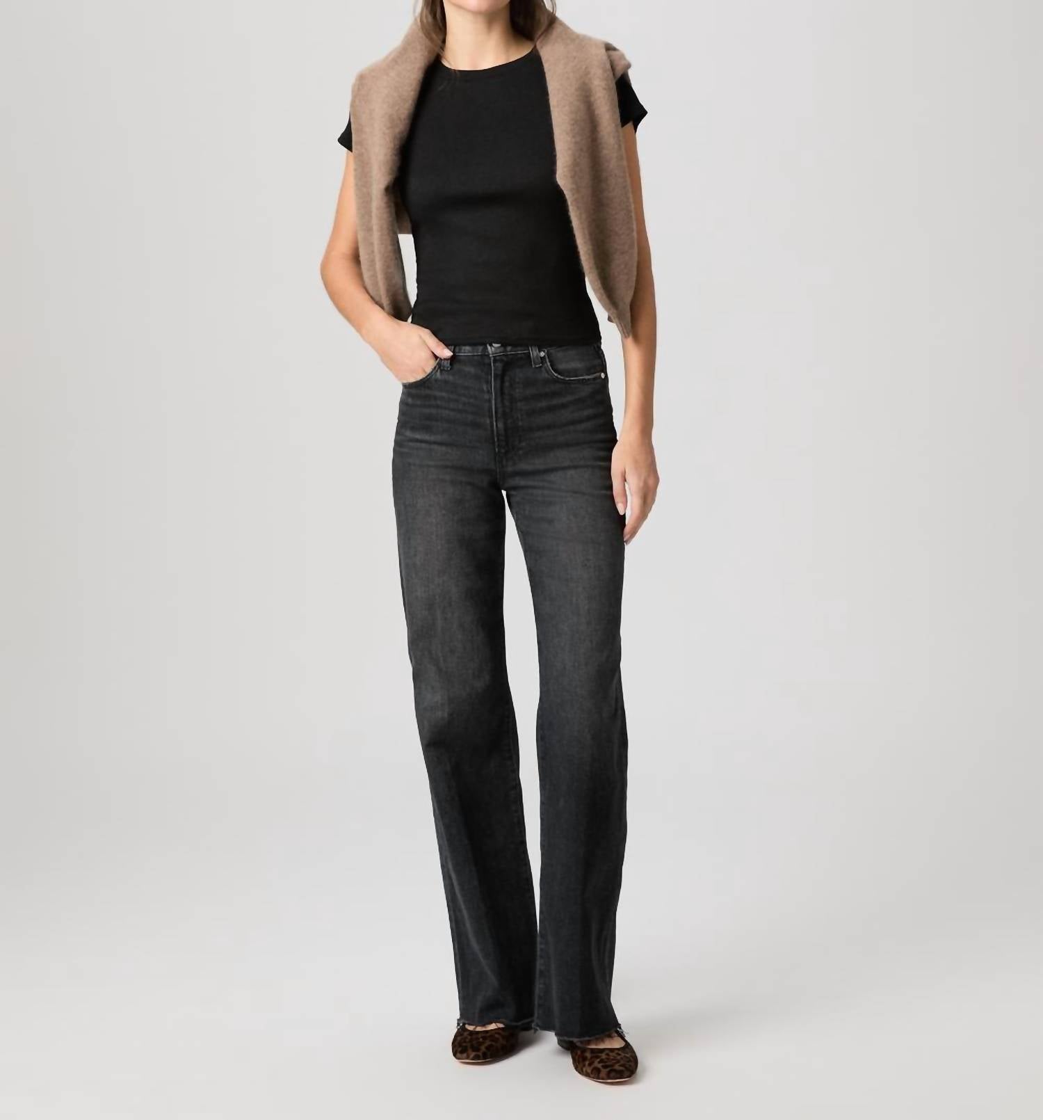 Paige Anessa High Rise Wide Leg Jeans With Raw Hem in viper black distressed - women's jeans
