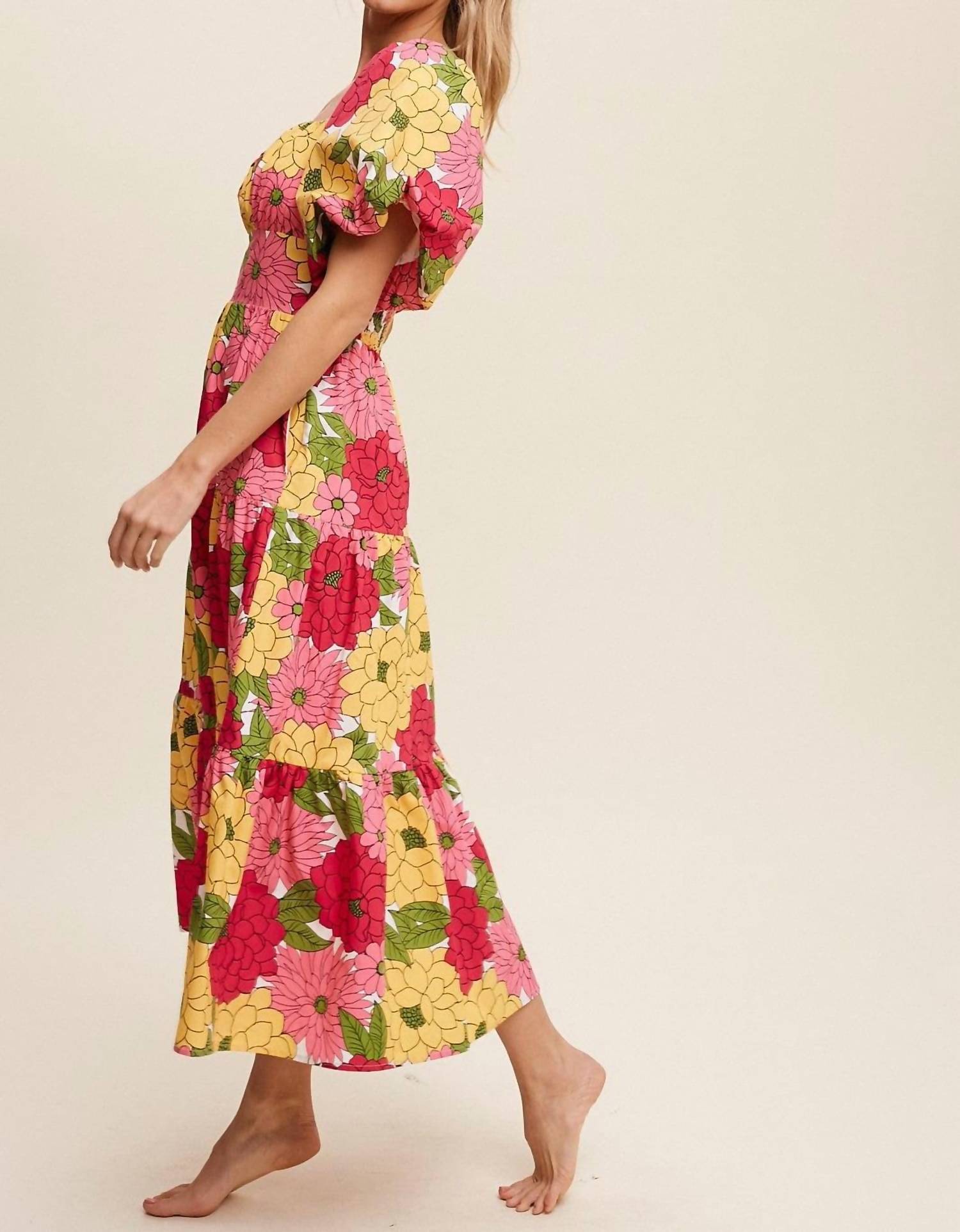Listicle Flower Tier Midi Dress in fuchsia - women's dress - detail view