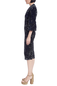 Badgley Mischka - Long-sleeved Sequins Velvet Coat Dress