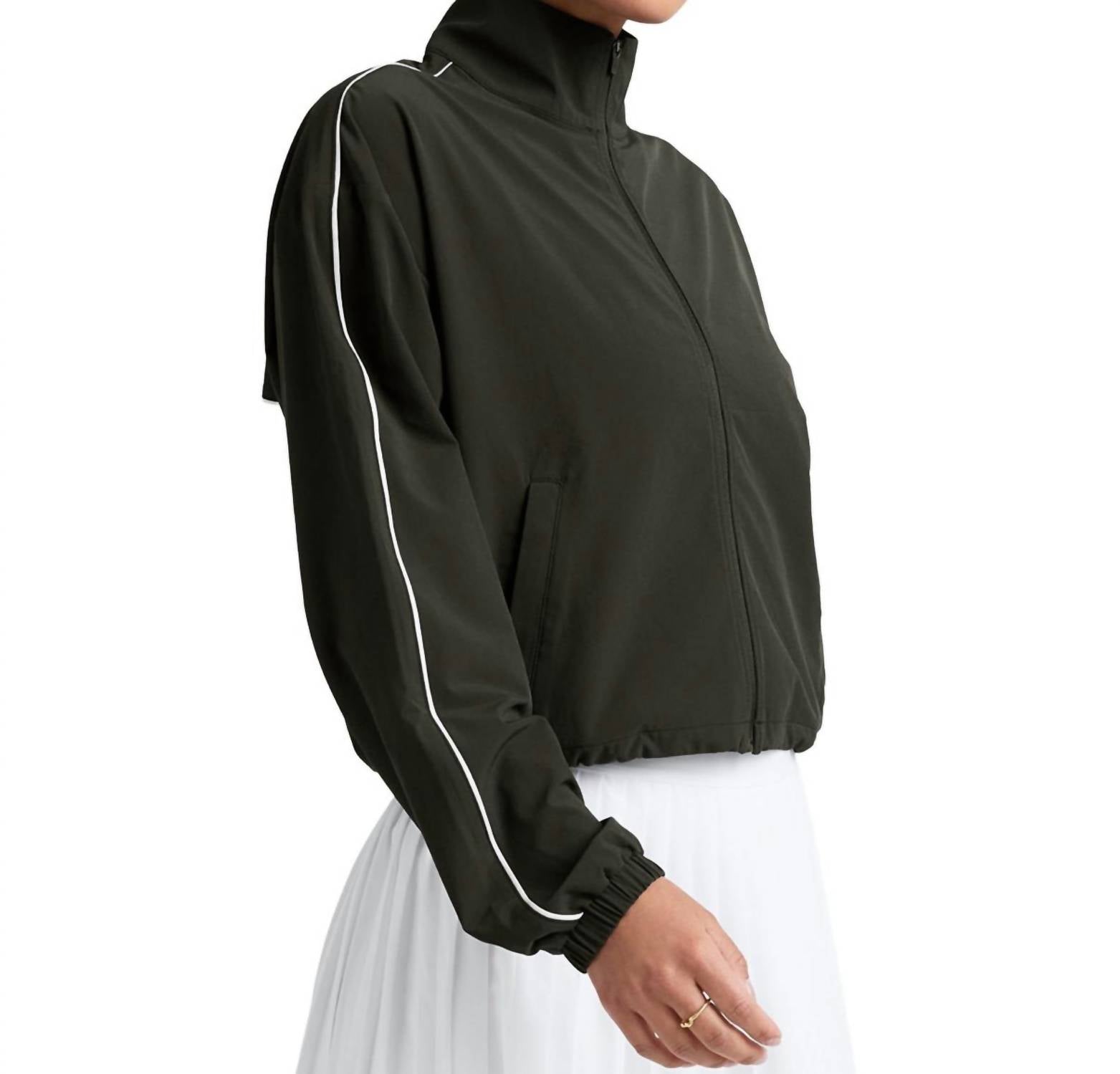 BEYOND YOGA Track Relaxed Fit Jacket in olive ink - women's jacket - detail view