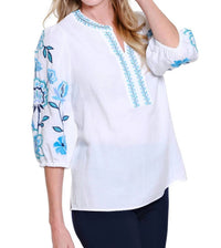 Multiples - Embroidered Notch-neck Woven Top