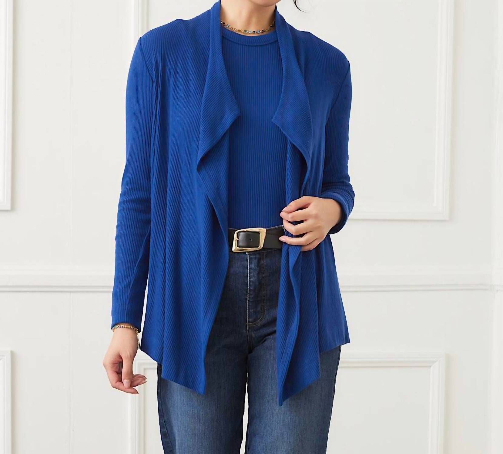 Karen Kane Long Sleeve Ribbed Drape Front Cardigan in indigo - women's cardigan - view 4
