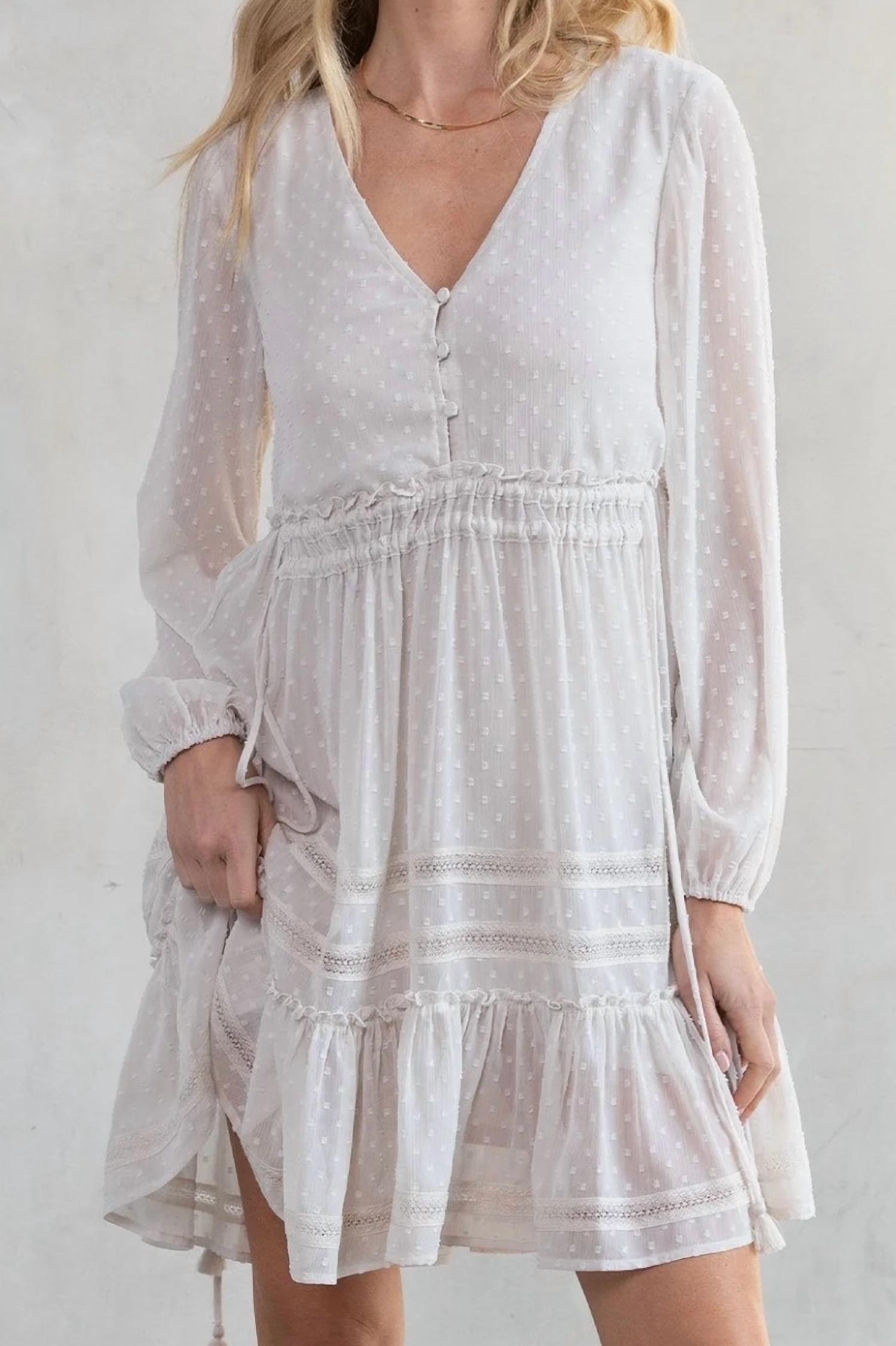 LOVESTITCH Women's Dreamy Sheer Swiss Dot Long Sleeve Mini Dress in gardenia - women's dress