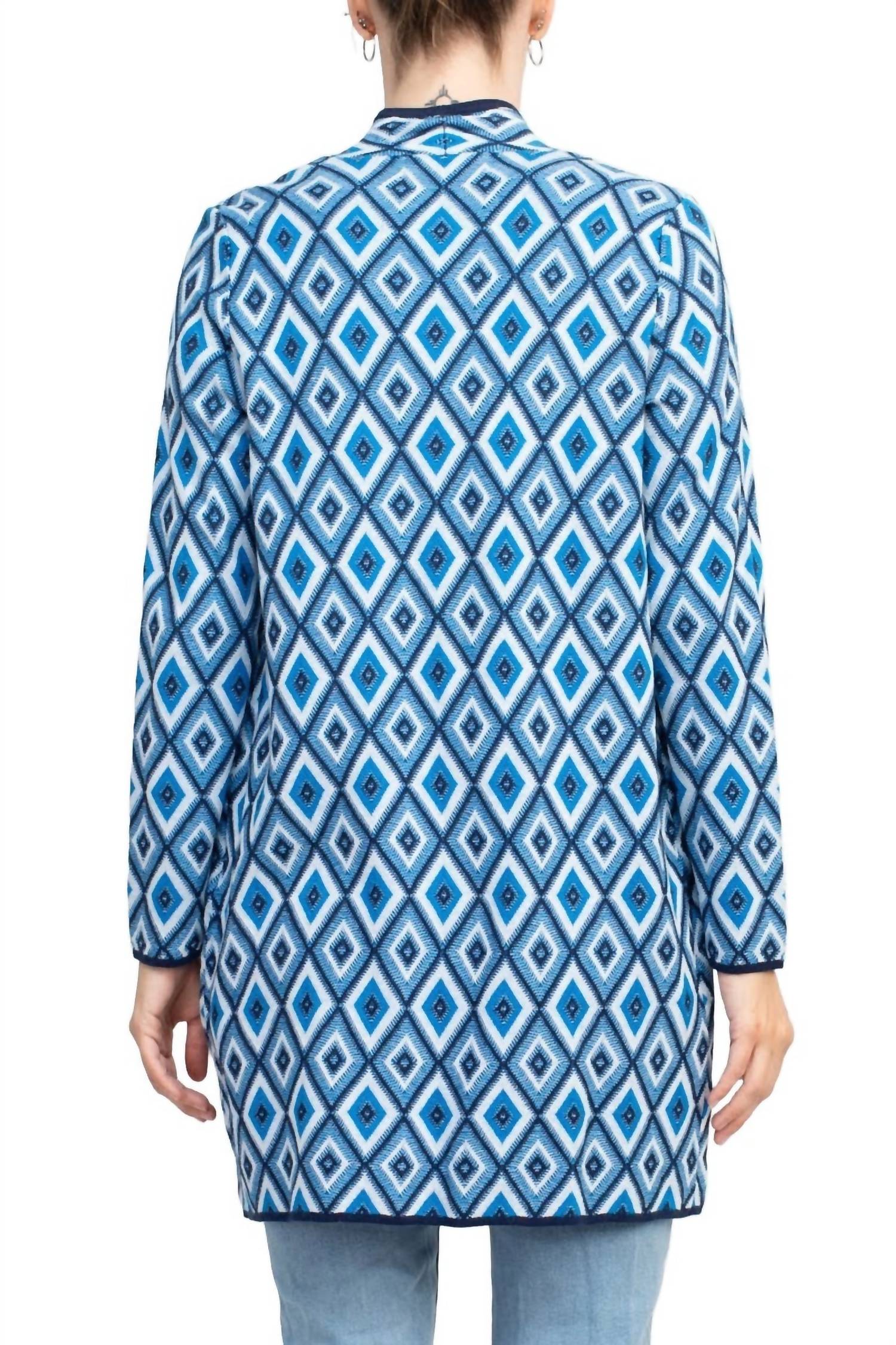 Kasper - Open Front Piping Detail Diamond Jacquard Cardigan