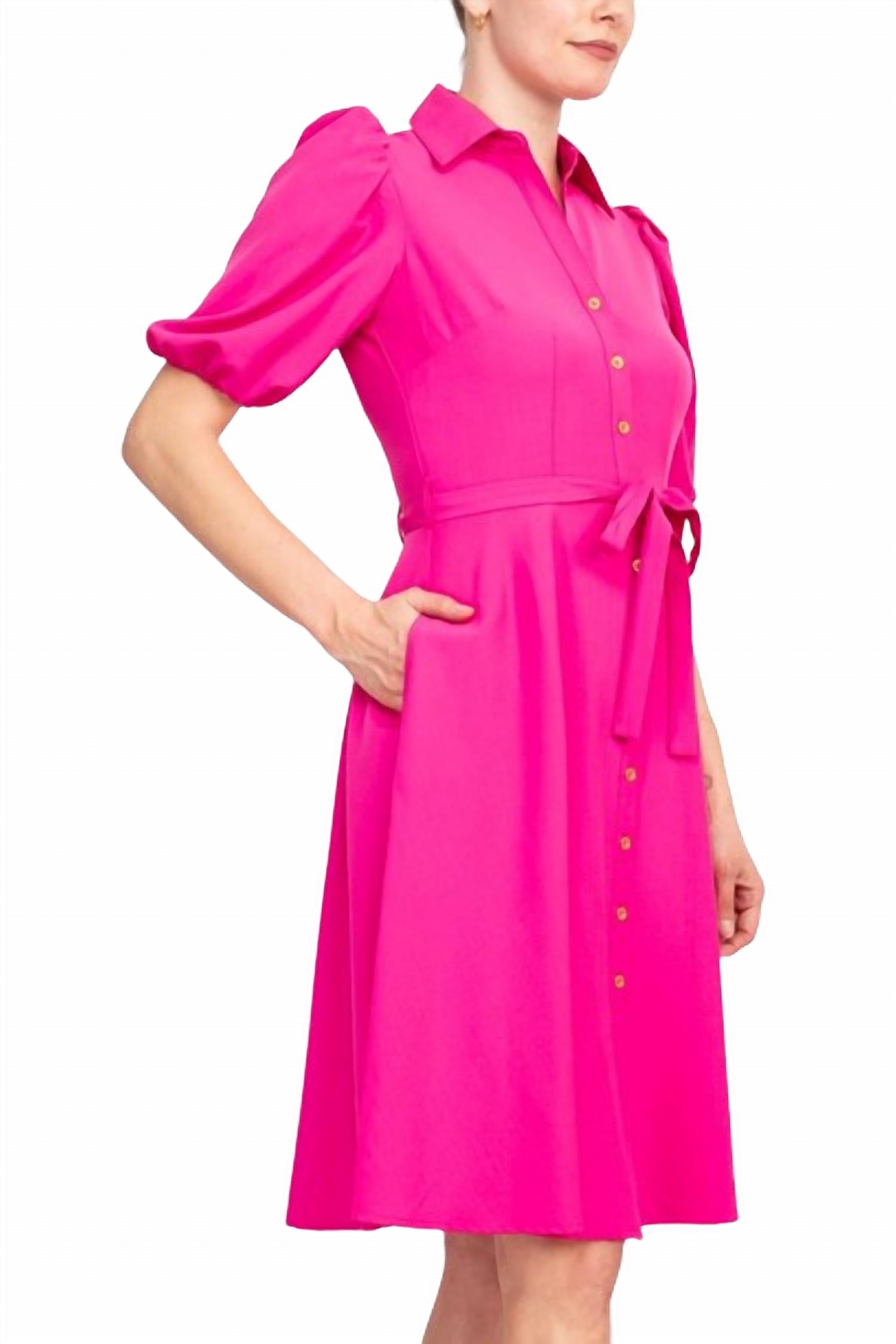 Sharagano - Collared Short Sleeve Button Front Dress With Pockets
