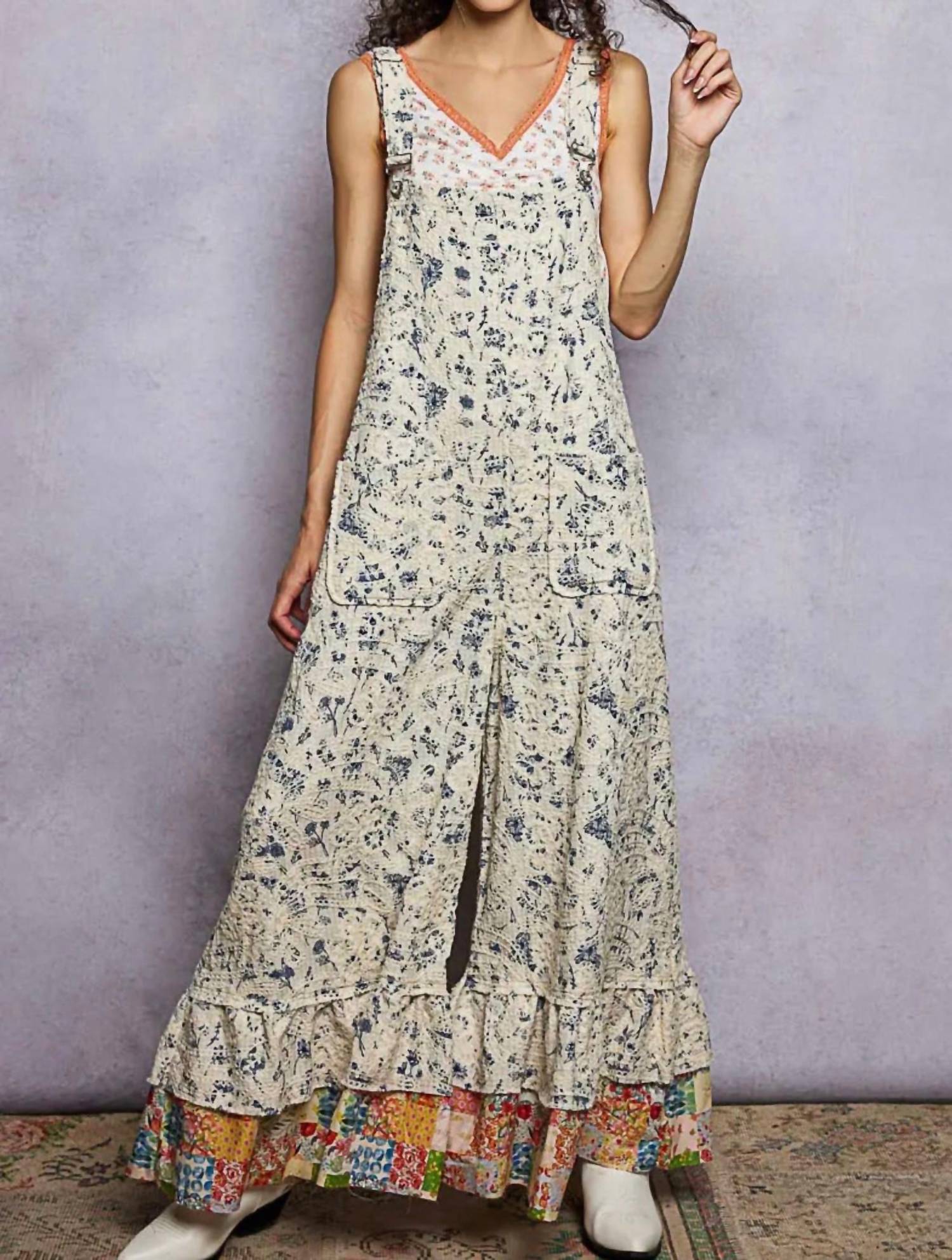 Pol - Textured Denim Floral Embroidered Jumpsuit