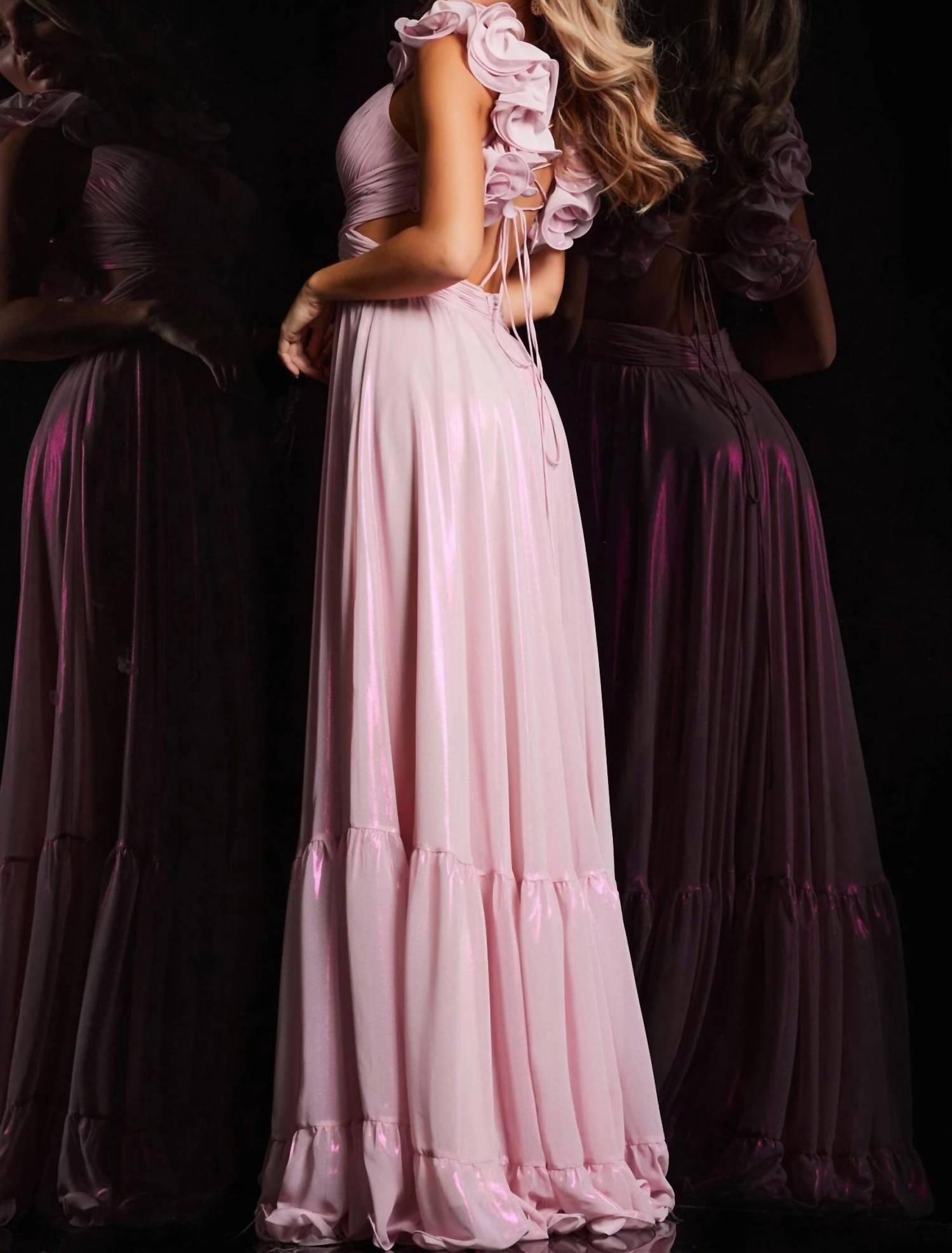 Jovani - Metallic Chiffon V-neck Maxi Dress