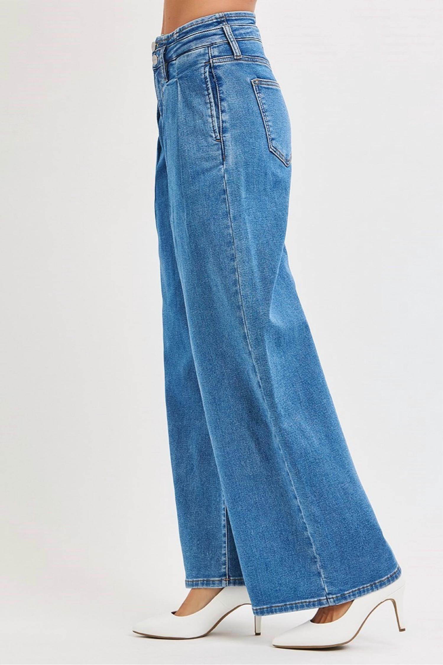 RISEN Sutton Slouchy Wide Leg Pleated Jeans in medium wash - women's jeans - alternate view