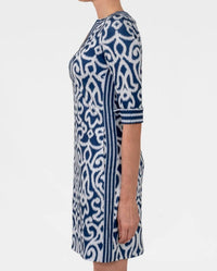 GRETCHEN SCOTT Split Neck Mini Dress in navy and white - women's dress - detail view