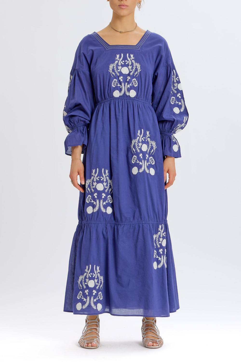 Something Navy - Embroidered Tiered Long Sleeve Maxi Dress