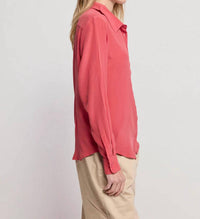 THE SHIRT Signature Silk Shirt Top in brick red - women's long sleeve top - detail view