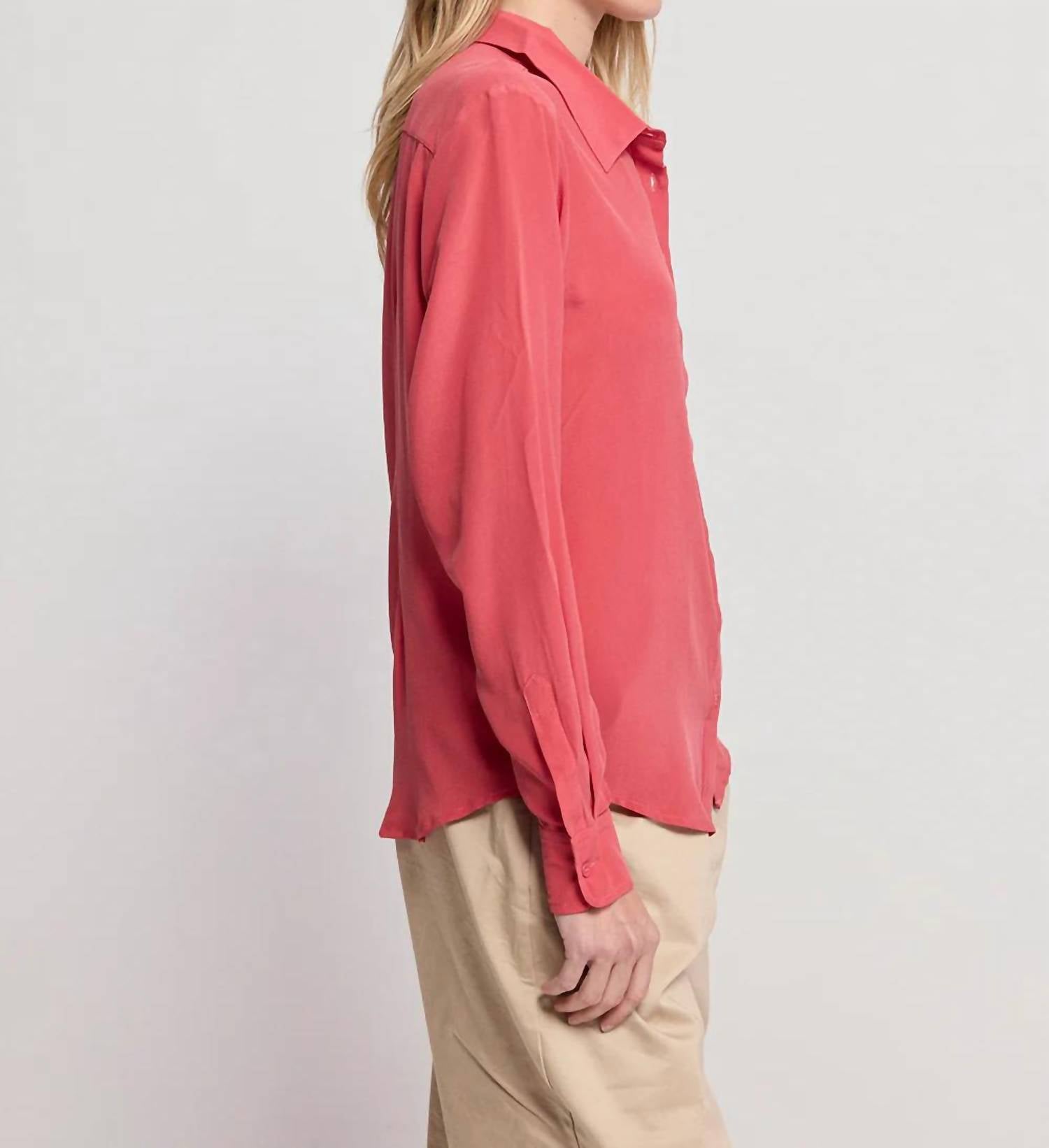 THE SHIRT Signature Silk Shirt Top in brick red - women's long sleeve top - detail view