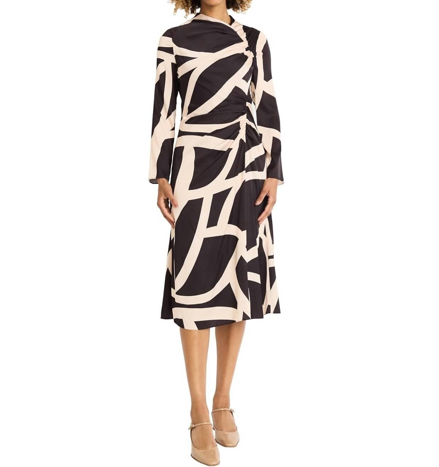 Maggy London Printed Asymmetric Ruched Dress in black tan - women's dress
