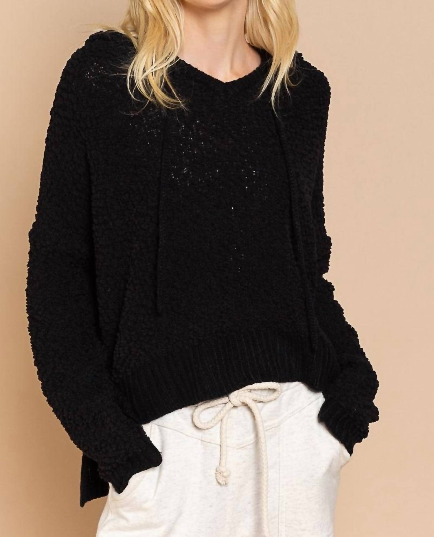 POL Textured Knit Hoodie in black - women's top