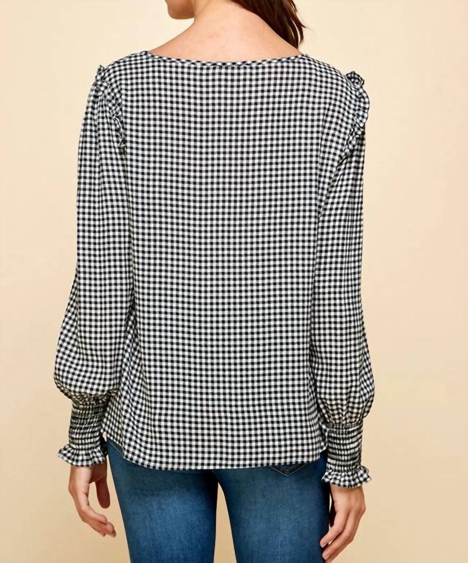 les amis Women's Gingham Top in black - women's long sleeve top - detail view