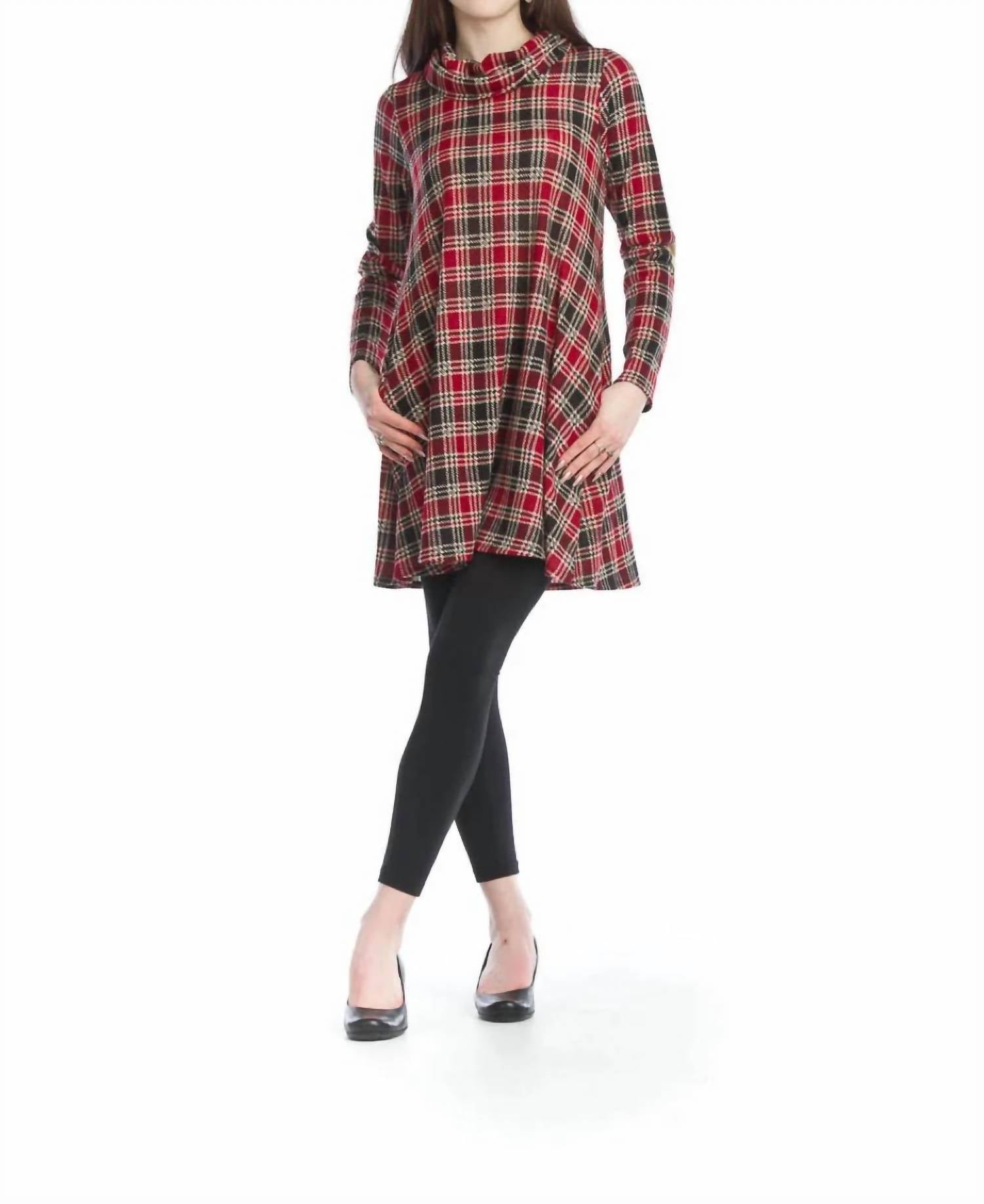 Papillon - Plaid Cowl Neck A-line Sweater Dress
