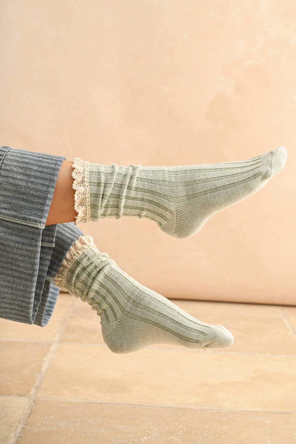 MIOU MUSE Salt & Thread Trim Socks in sage - women's accessory - detail view