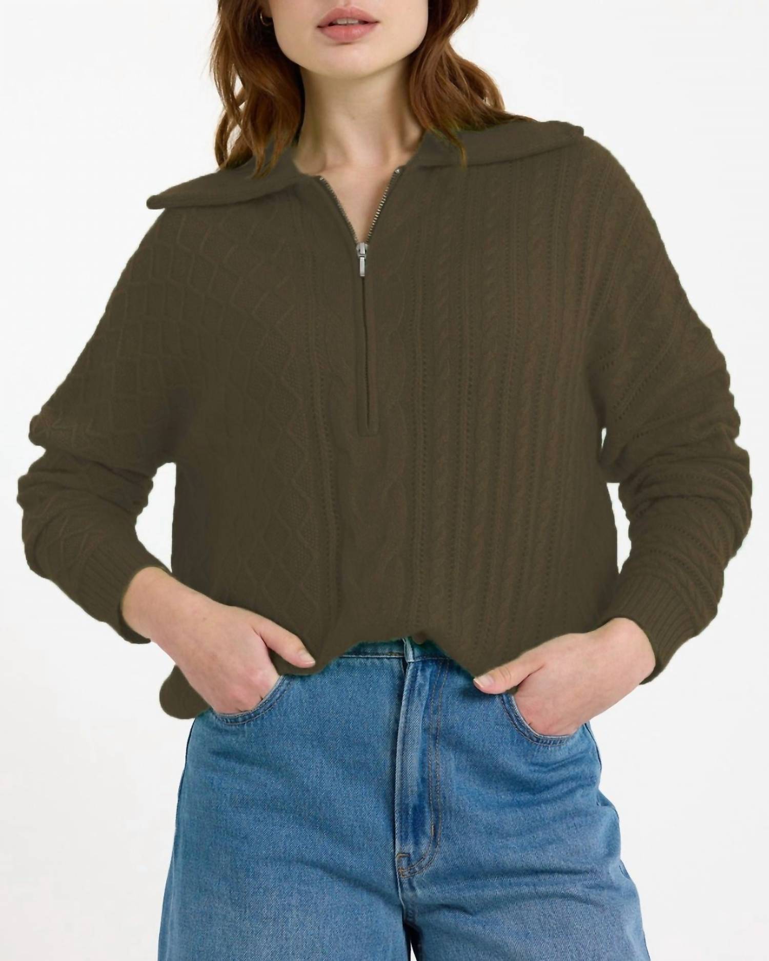 Brodie Cashmere - Mixed Cable Half Zip Sweater