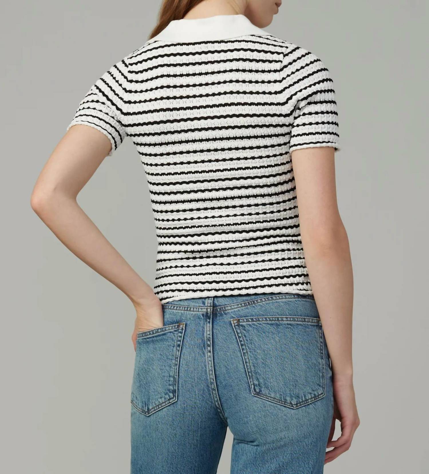 Joe's Jeans Jess Pointelle Polo Shirt in milk black stripe - women's t-shirt - alternate view