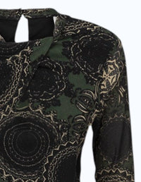 summum Women's Long Sleeve Mesh Paisley Circles Top in deep green black - women's blouse - detail view