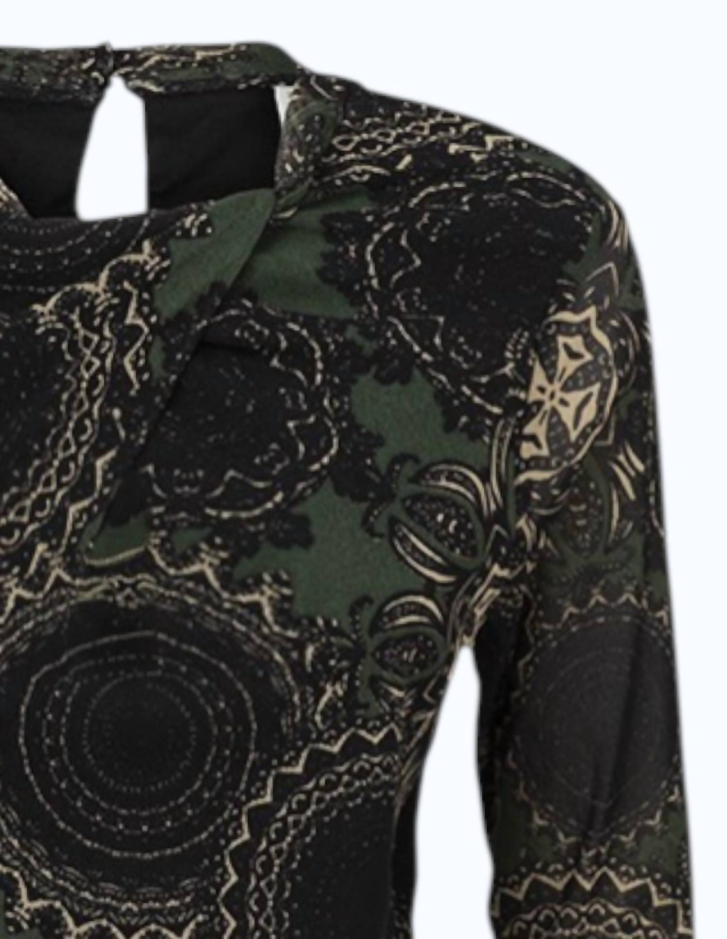 summum Women's Long Sleeve Mesh Paisley Circles Top in deep green black - women's blouse - detail view