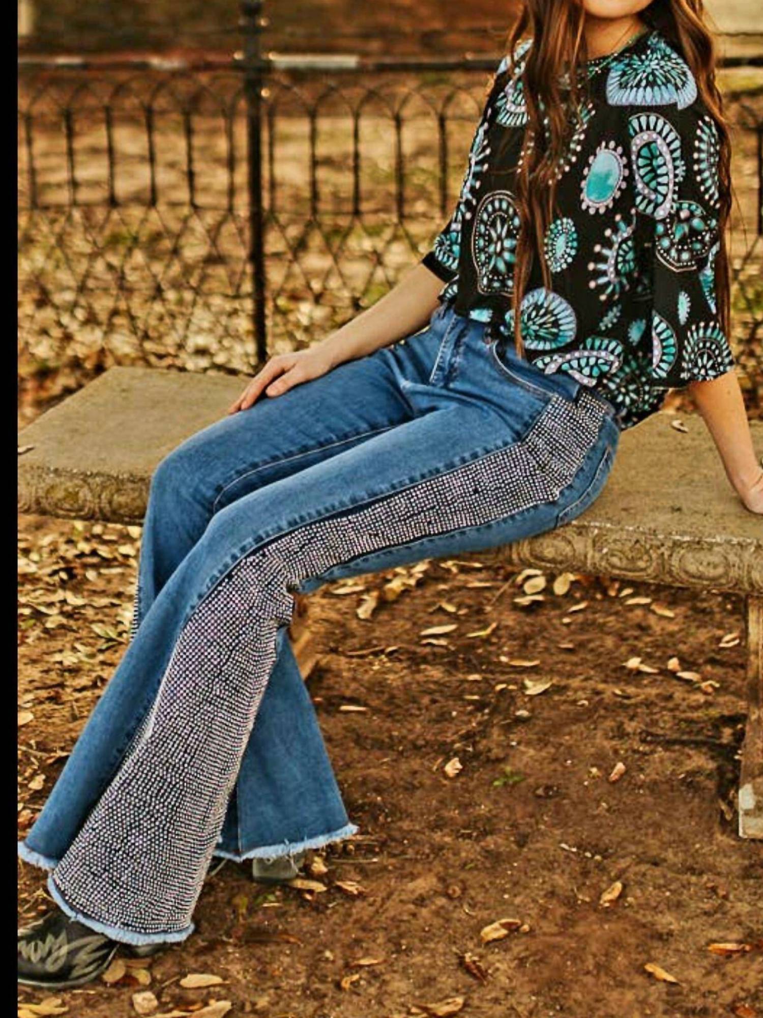 Lucky & Blessed - Shiny Studded Embellished Stretchy Flare Jeans