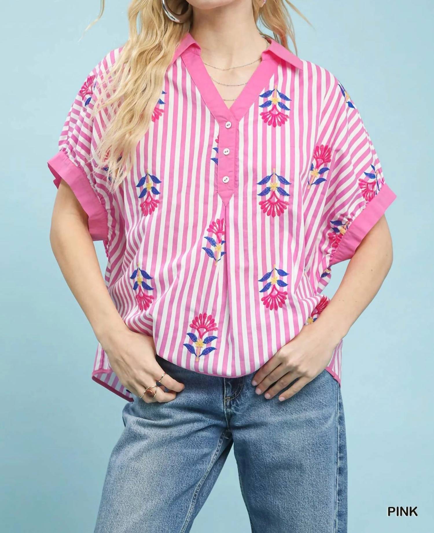 Umgee - Stripe Embroidered Button-front Boho Top