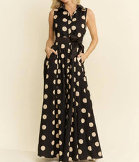 Jade By Jane - Polka Dot Button Down Belted Sleeveless Shirt Dress