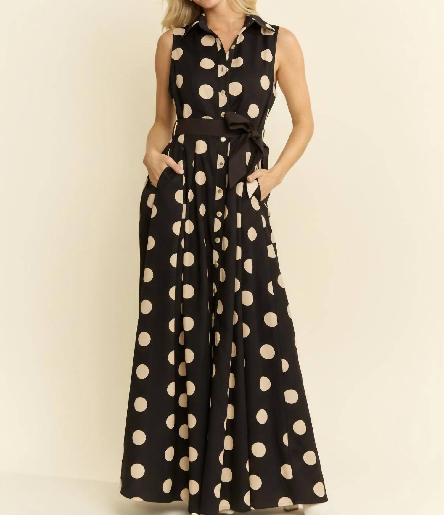 Jade By Jane - Polka Dot Button Down Belted Sleeveless Shirt Dress