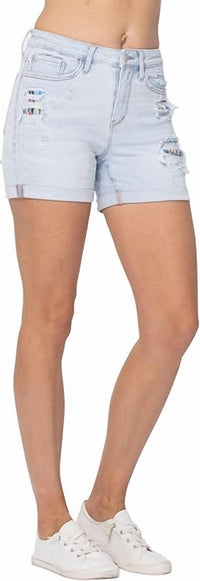 Judy Blue High-rise Cuffed Printed Lining Shorts in light blue 1 - women's shorts - detail view