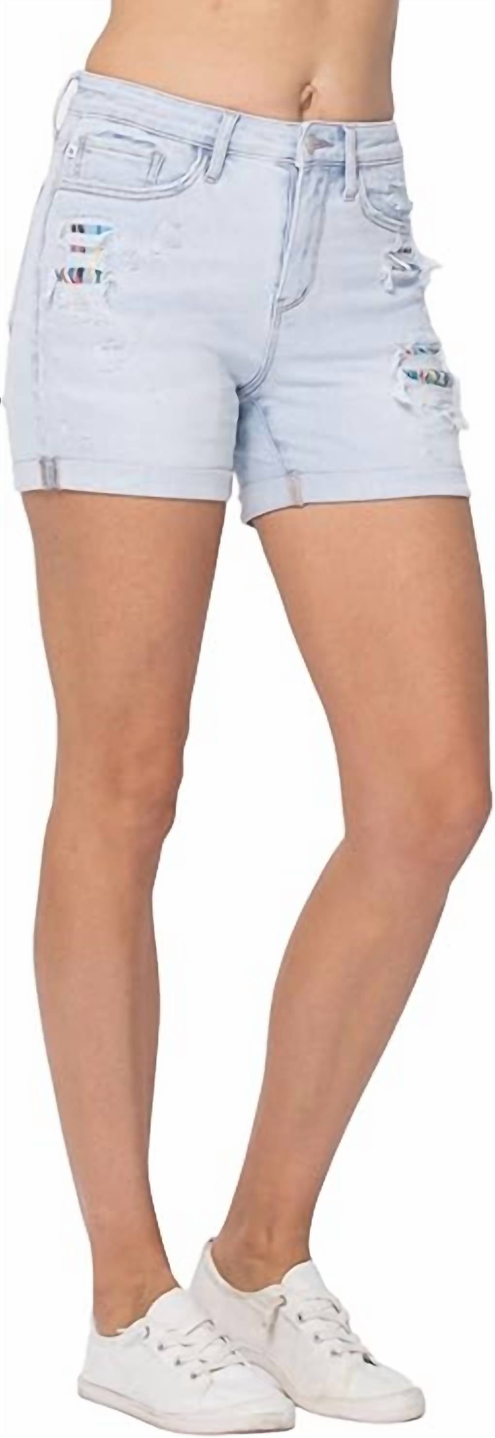 Judy Blue High-rise Cuffed Printed Lining Shorts in light blue 1 - women's shorts - detail view