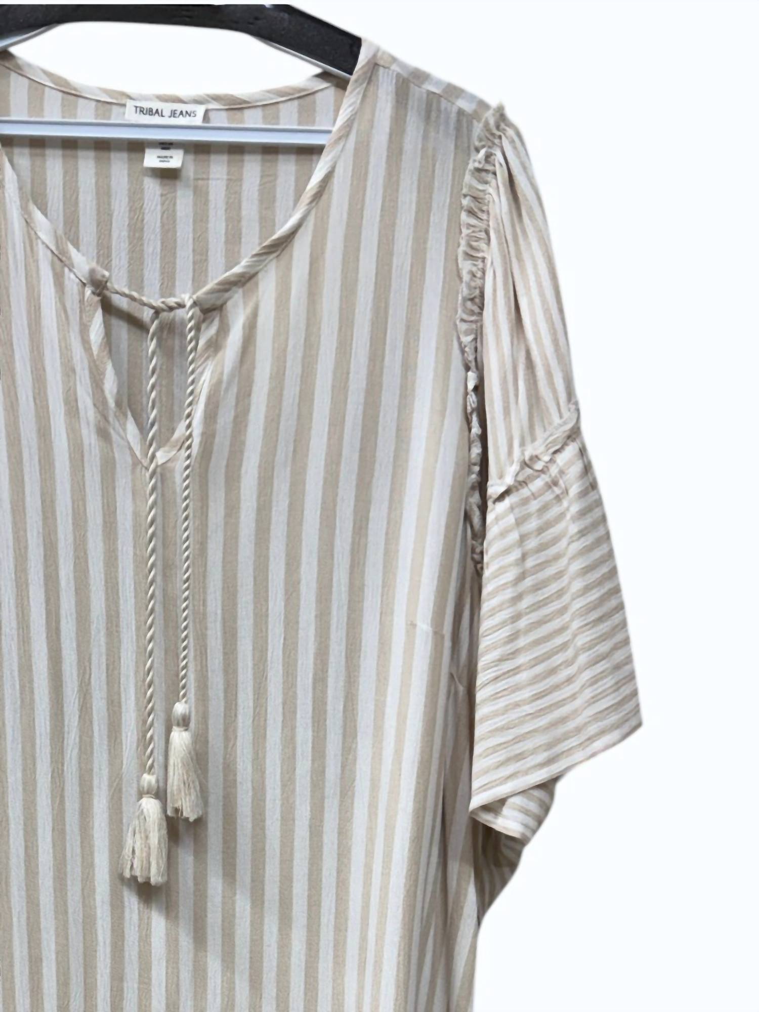 TRIBAL Women's Tie Striped Dress in tan white - women's dress - detail view