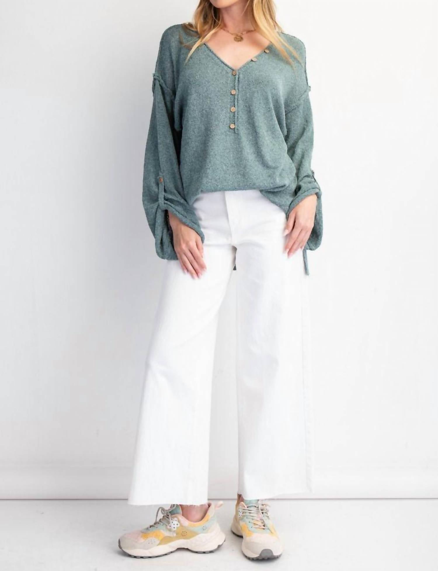 Easel - V-neckline Knit Button Detail Sweater