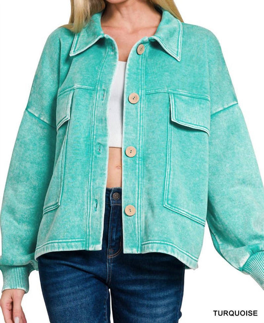 Zenana - Acid Wash Fleece Cropped Shacket With Front Pockets