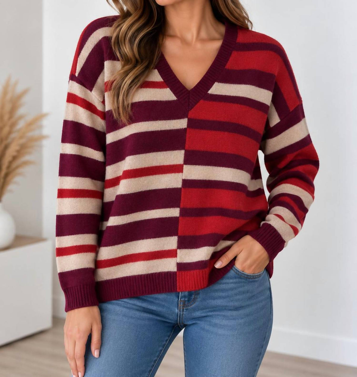 Minnie Rose - Multi-colored Striped V-neck Knit Sweater
