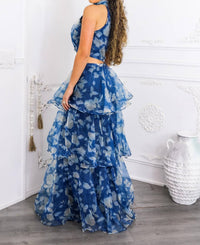 Surelymine - Tiered Ruffle Two-piece Set Halter Crop Top & Maxi Skirt