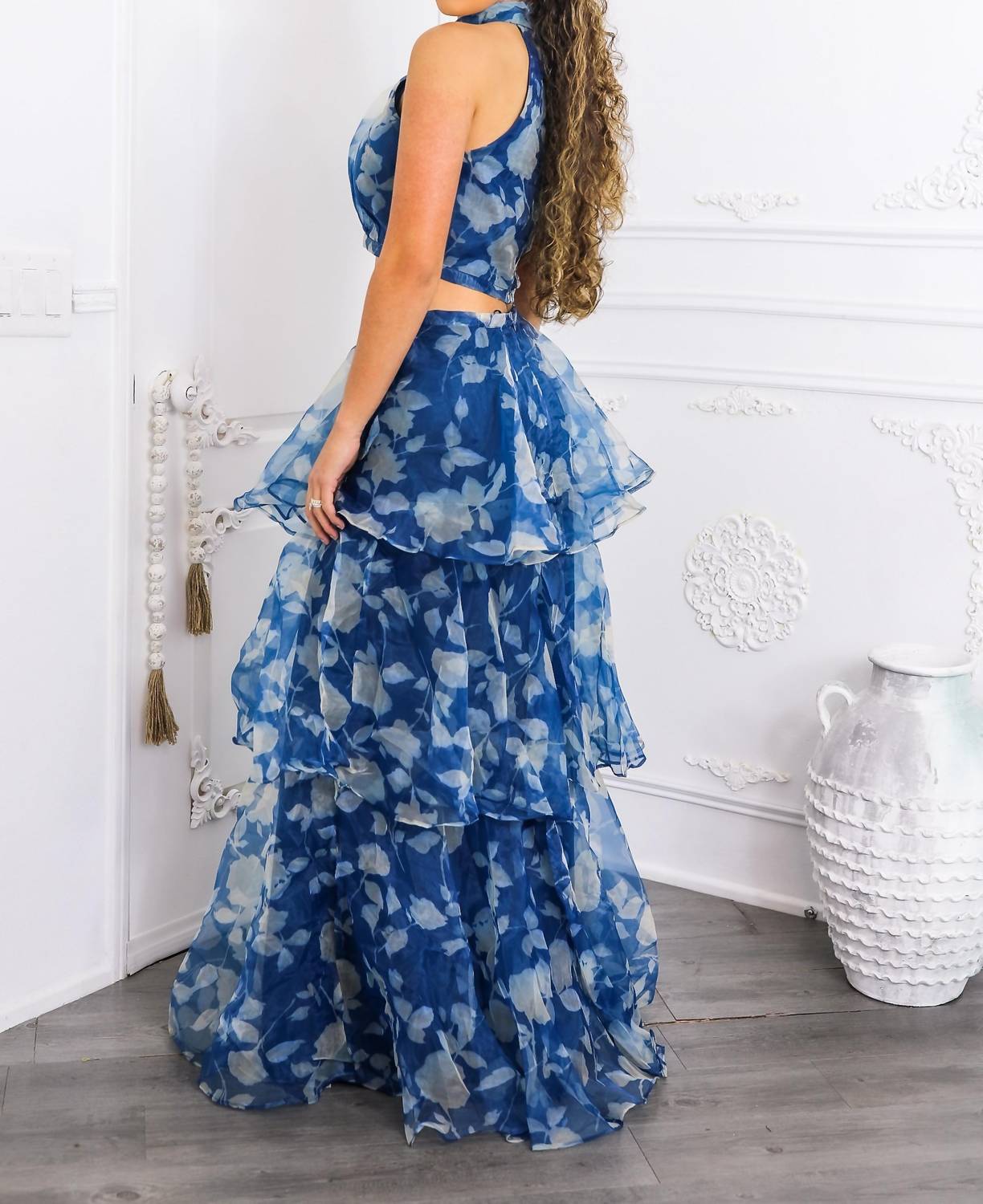 Surelymine - Tiered Ruffle Two-piece Set Halter Crop Top & Maxi Skirt