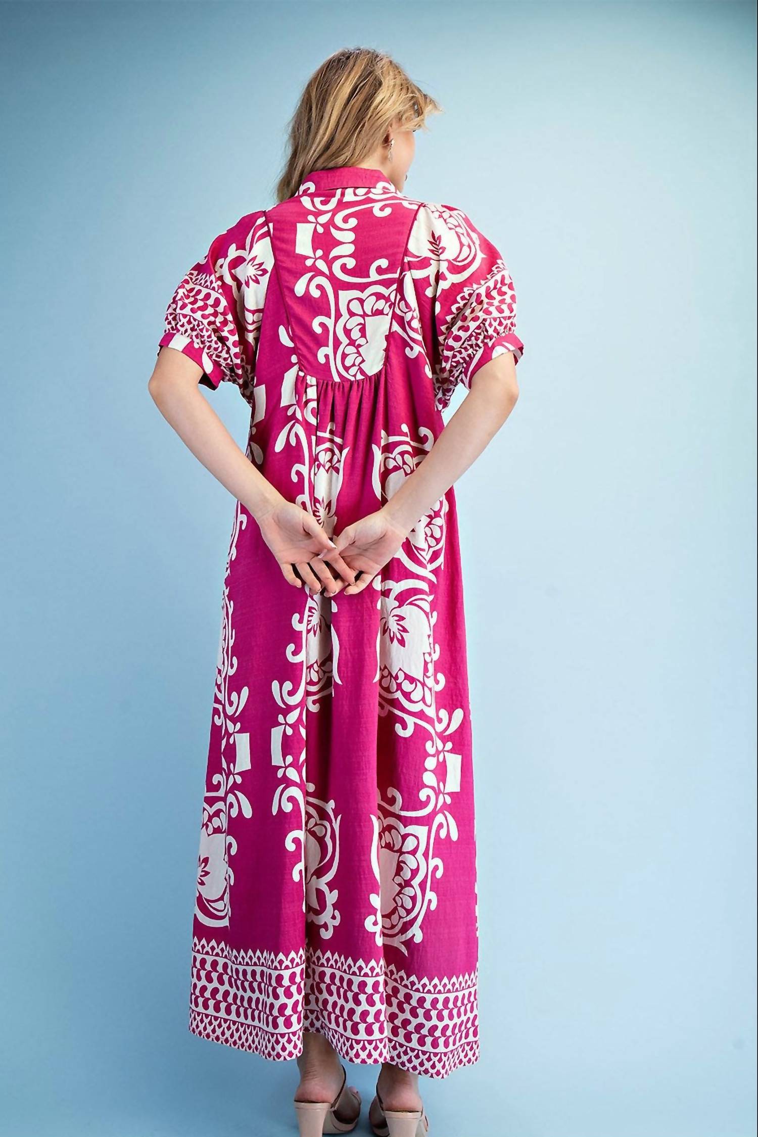Gigio - Mixed Print Short Puff Sleeve Midi Dress