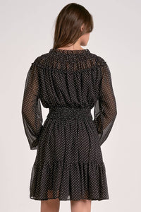 ELAN Long Sleeve Gathered Neck Mini Dress in black polka dot - women's dress - detail view