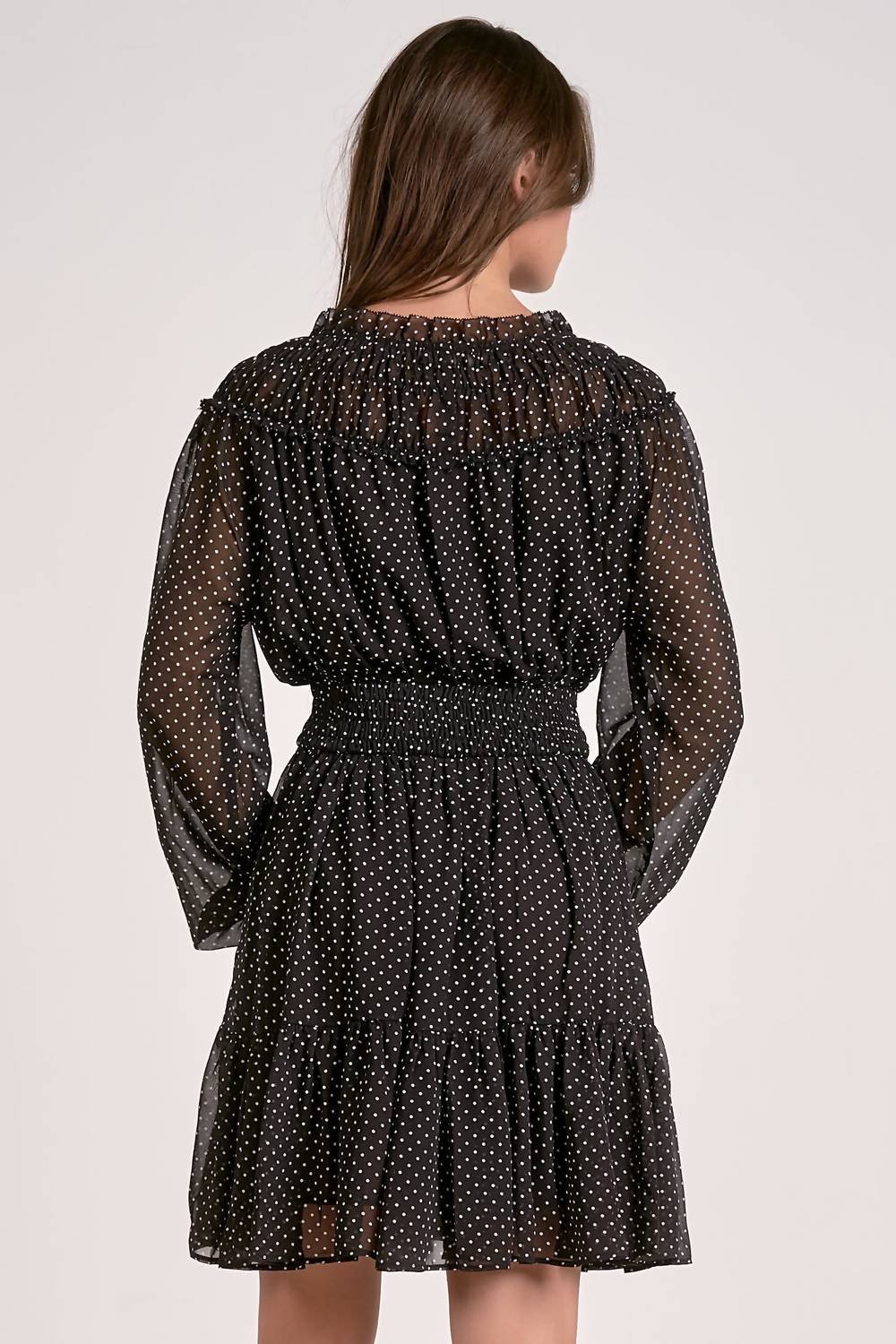 ELAN Long Sleeve Gathered Neck Mini Dress in black polka dot - women's dress - detail view