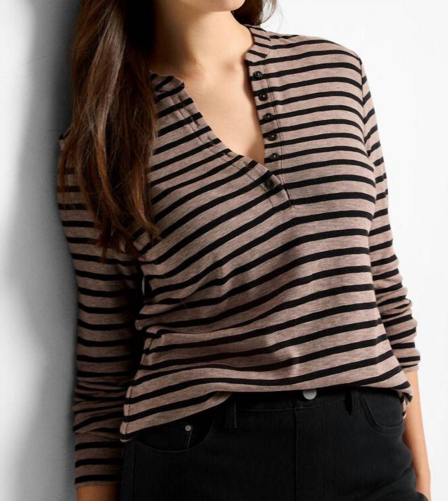 Nic + Zoe - Striped Long Sleeve Henley Tee