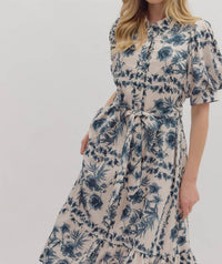 Entro - Puff Sleeves & Tie Waist Floral Midi Dress