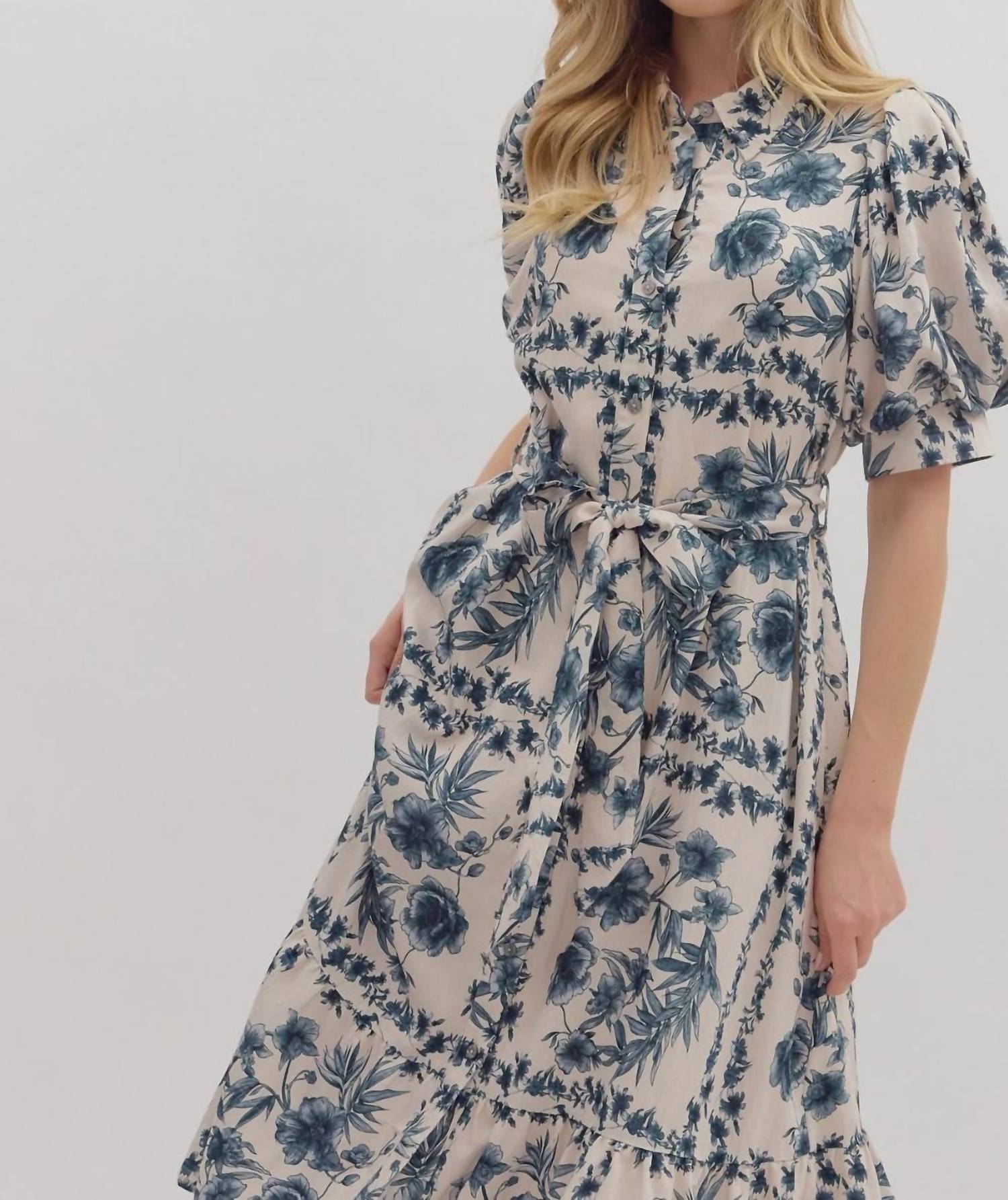 Entro - Puff Sleeves & Tie Waist Floral Midi Dress