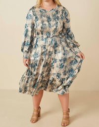 Hayden La - Botanical Print Smocked Bodice Satin Dress