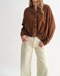 Fun 2 Fun Twist Hem Button Down Blouse in brown - women's blouse