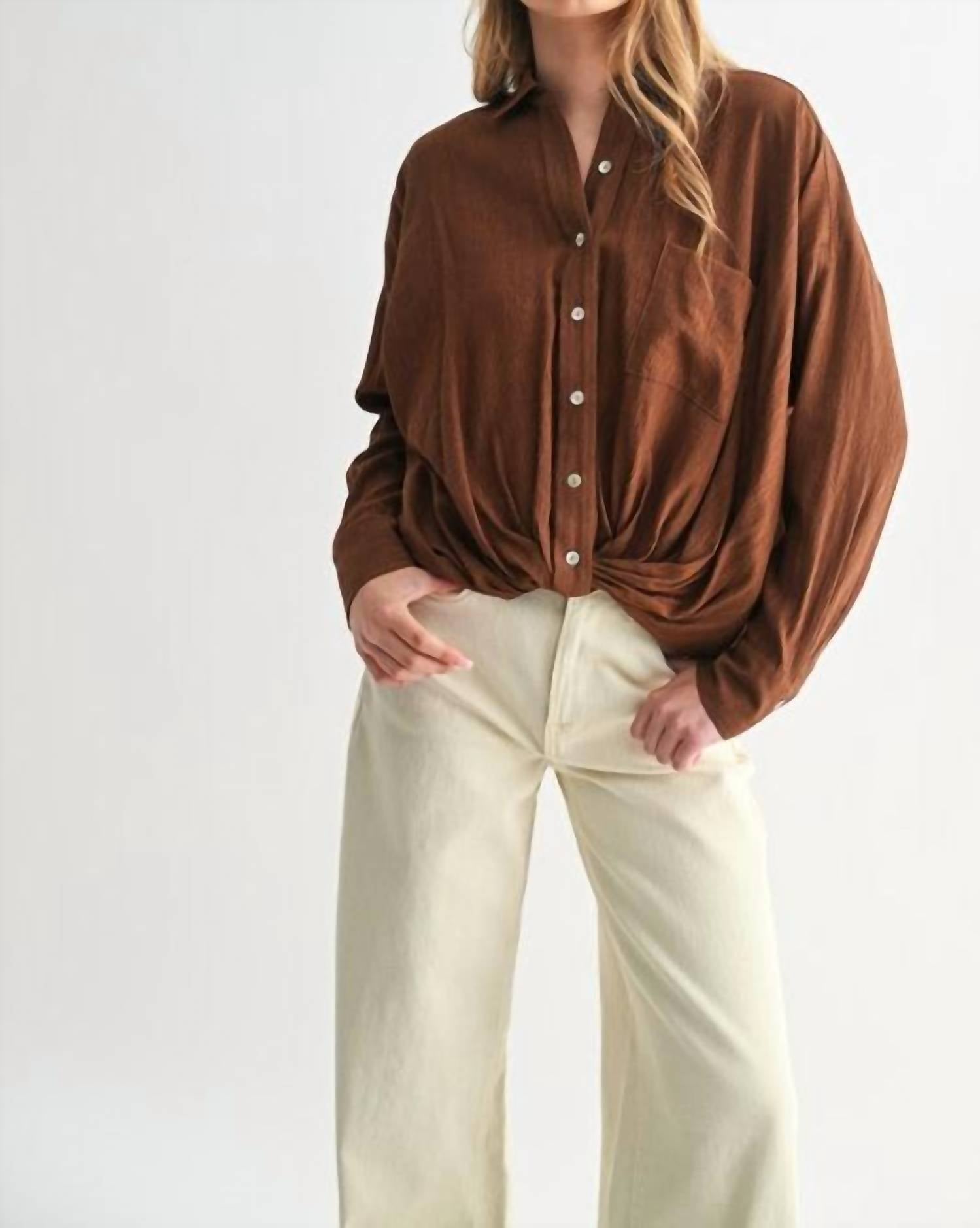 Fun 2 Fun Twist Hem Button Down Blouse in brown - women's blouse
