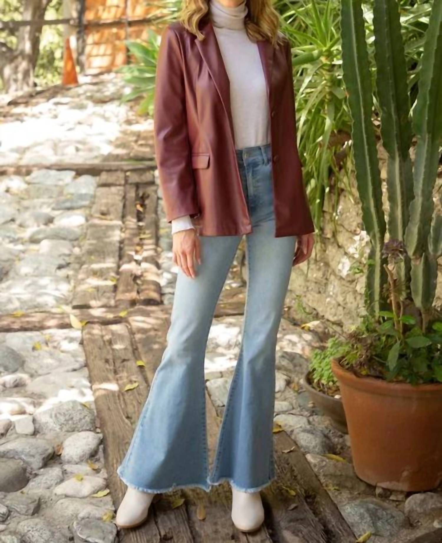 Voy - Double Button Faux Leather Tailored Blazer