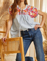Andree By Unit - Striped Babydoll Embroidered Top