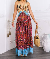 Surelymine - Boho Patchwork Cutout Maxi Dress with Side Slit