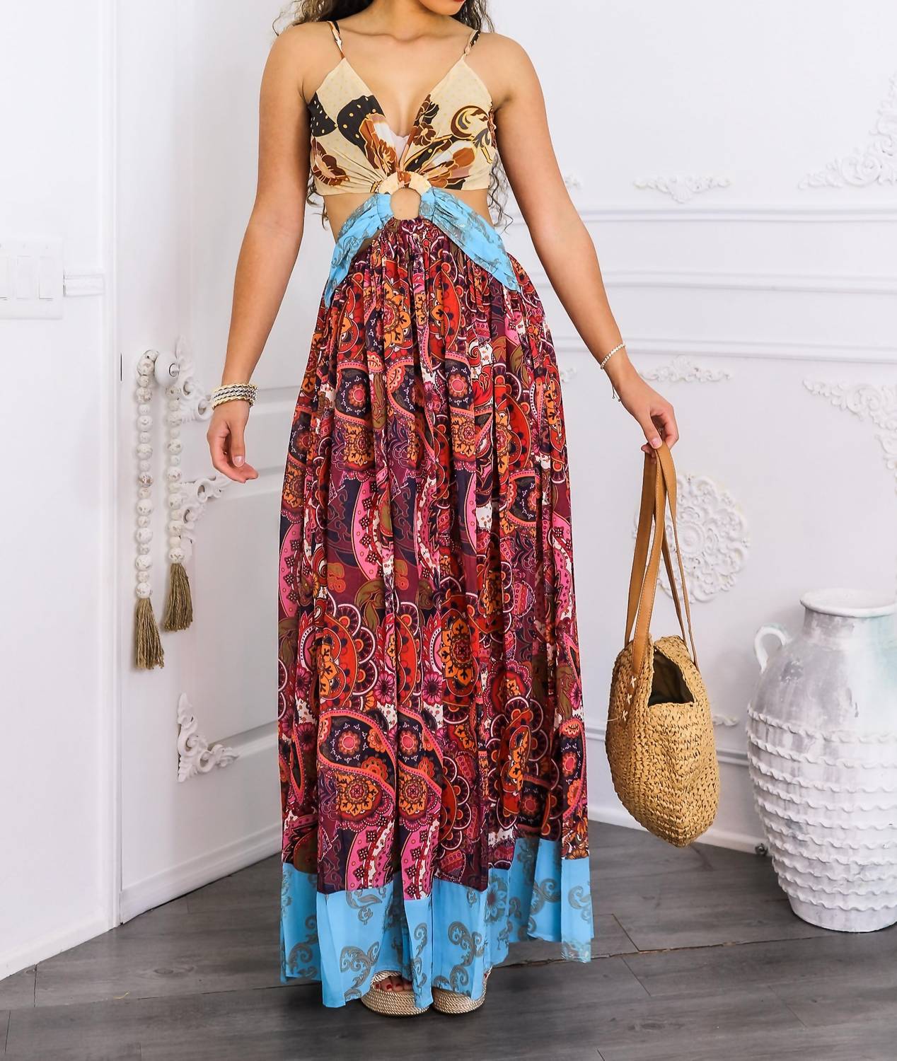 Surelymine - Boho Patchwork Cutout Maxi Dress with Side Slit